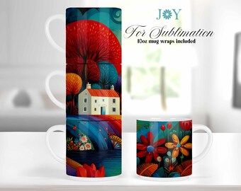 Colorful Cottage Mug Wrap Sublimation Design PNG for 10oz Stackable Mugs – Vibrant Landscape Mug Press Template, Digital Mug Wrap Art