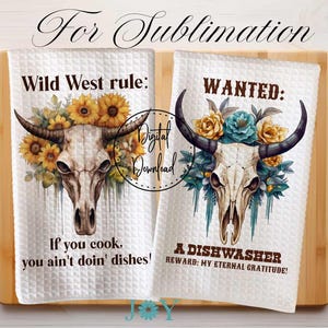 Funny Bull Skull Kitchen Towel Digital Download Sublimation Designs - Dish Towel PNG - Tea Towel Design