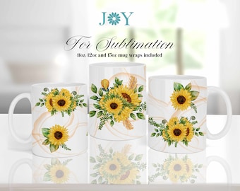 Sunflower Mug Template, 11 oz 12 oz and 15 oz Coffee Mug PNG, Mug Wrap Template, Digital Sublimation Mug, Mug Sublimation Design, Mug PNG