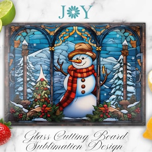 Christmas Snowman Stained Glass Cutting Board Sublimation Design, Glass Cutting Board PNG, Digital Instant Download Glass Cutting Board