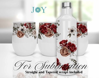 12 oz Wine Set Tumblers Sublimation Design, Instant Download Wine Gift Set PNG, Roses Sublimation Tumbler Bottle and Wine Glasses