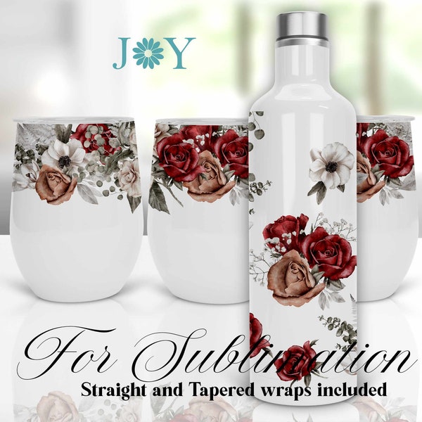 12 oz Wine Set Tumblers Sublimation Design, Instant Download Wine Gift Set PNG, Roses Sublimation Tumbler Bottle and Wine Glasses