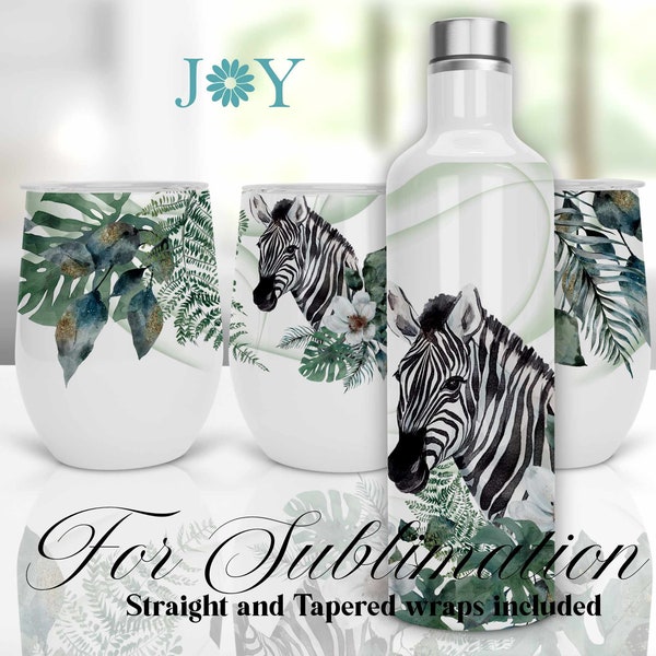 Zebra Wine Set Tumblers Sublimation Design, Instant Download 12 oz Wine Gift Set PNG, Sublimation Tumbler Bottle and Wine Glasses Designs