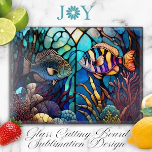 Faux Stained Glass Fishes and Corals Cutting Board Sublimation Design, Glass Cutting Board PNG, Faux Stained Glass Cutting Board Template