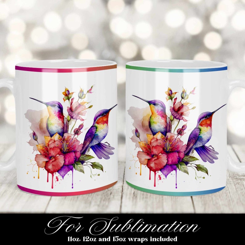 May include: Two white ceramic mugs with colorful hummingbird and floral designs. The mugs have red and green accents around the rim.  For Sublimation 11oz, 12oz and 15oz wraps included.