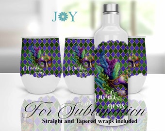 Mardi Gras Wine Set Tumblers Wrap, Instant Download Wine Gift Set PNG, Wine Set Sublimation Tumbler Wrap Bottle and Wine Cup
