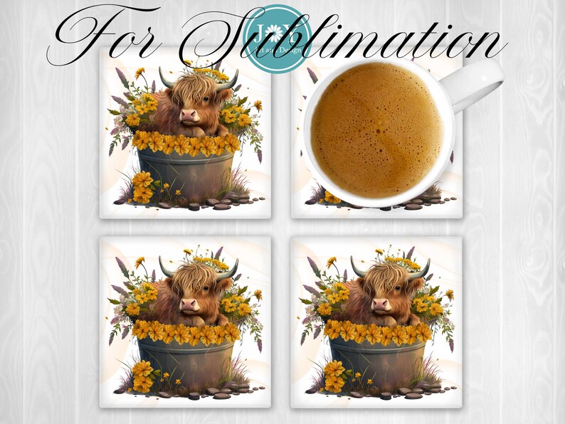 May include: Four square ceramic coasters featuring a Highland cow sitting in a bucket of yellow flowers. The coasters are white with a subtle background pattern.