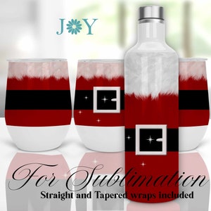May include: Set of four sublimation designs featuring a Santa Claus theme. The designs include a wine tumbler, a water bottle, and two different styles of wine tumblers. The designs feature a red and white Santa suit with a black belt and buckle. The designs are perfect for creating personalized gifts for the holidays.