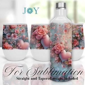 Flowers and Hearts Wine Wraps Sublimation Design - 12oz Wine Tumbler Templates - Instant Digital Download Wine Tumbler PNG