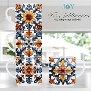 May include: White ceramic mugs with a repeating floral design in shades of blue, orange, and yellow. The mugs are stacked and displayed on a white countertop. The text "For Sublimation 10oz mug wraps included" is visible.