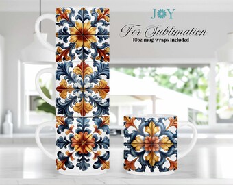 Colorful Tile Mug Wrap Sublimation Design PNG for 10oz Stackable Mugs - Mediterranean Pattern Mug Press Template, Digital Ceramic Art