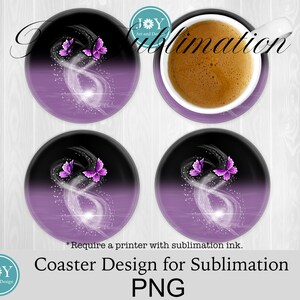 May include: Four purple and black coasters with a white swirl design and two purple butterflies. The coasters are designed for sublimation printing.