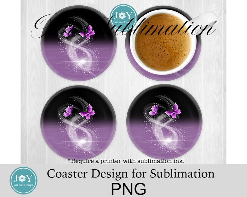May include: Four purple and black coasters with a white swirl design and two purple butterflies. The coasters are designed for sublimation printing.