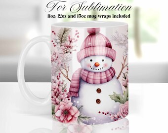 Schneemann Mug Wrap PNG Sublimationsdesign, 11 Unze, 12 Unze und 15 Unze Sublimationsbecher Vorlagen, Weihnachtskaffeetasse Design