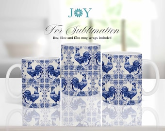 Rooster Azulejos Coffee Mug PNG, 11oz 12oz 15oz Mug Templates, Digital Instant Download Mug Sublimation Design, Sublimation Mug Wrap