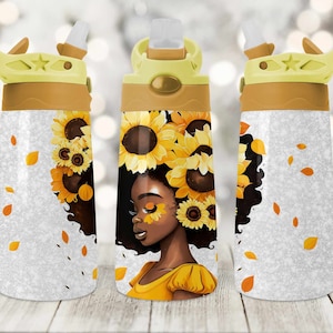 Afro Girl Kids Flip Top Water Bottle Sublimation Design, 12 oz Kids Tumbler PNG, Toddler Sublimation Sippy Cup, Kids Tumbler Wrap
