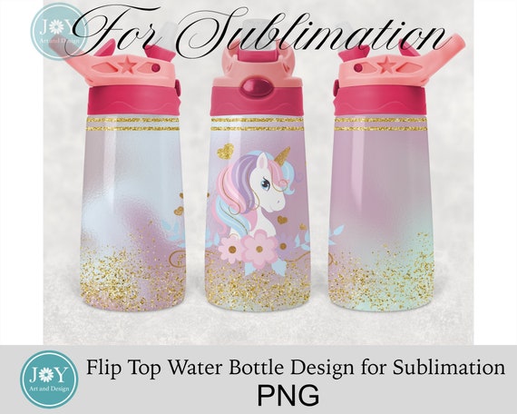 Kids Flip Top Water Bottle Design. Glitter Unicorn Sublimation