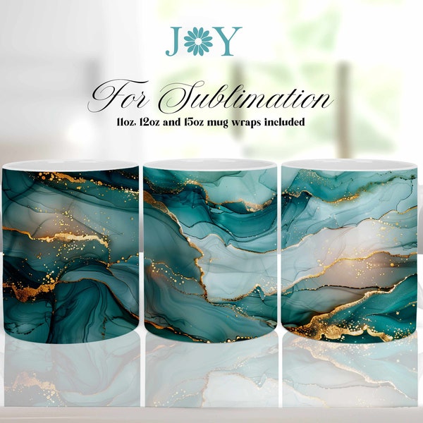 Teal Marble Mug Wrap Sublimation Design,  Digital Download Mug Wrap Template, 11oz 12oz and 15oz Sublimation Mug Wraps