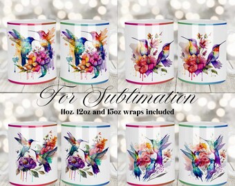 Watercolor Hummingbirds Mug Template, Sublimation Mug Design, 11oz 12oz & 15oz Mug Templates, Instant Download Coffee Mug Full Wrap, Mug PNG
