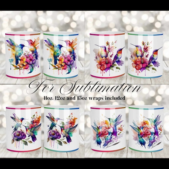 Watercolor Hummingbirds Mug Template, Sublimation Mug Design, 11oz 12oz & 15oz Mug Templates, Instant Download Coffee Mug Full Wrap, Mug PNG