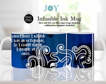 Diseño de envoltura de taza de pulpo para hojas de transferencia de tinta infusible - Plantilla de prensa de taza Cricut de 12 oz y 15 oz SVG