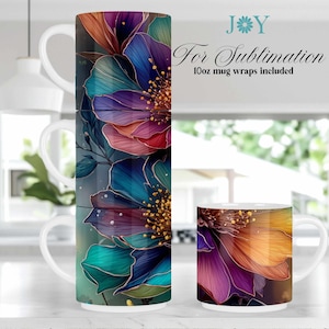 Diseño PNG de sublimación para envoltorio de taza con flores coloridas para tazas apilables de 10 oz: plantilla de prensado de tazas con flores vibrantes, arte digital para envoltorio de taza