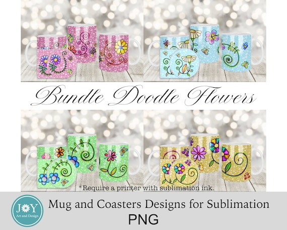 Bundle Doodle Flowers Mug Press Sublimation Designs, Coffee Mug PNG, Mug Sublimate Designs, Mug Press PNG, Wrap Mug Template PNG, Mug Design
