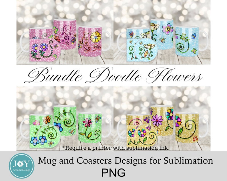 May include: A set of six sublimation designs for mugs and coasters featuring colorful doodle flowers with butterflies. The designs are on a pink, blue, green, and gold background.