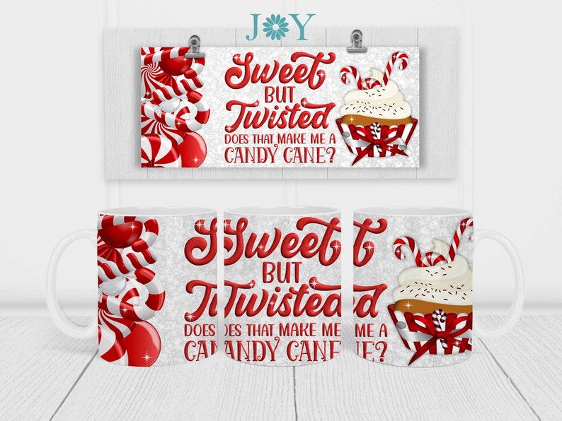 May include: White ceramic mug with a red and white candy cane design. The mug has the text "Sweet but Twisted, Does that make me a Candy Cane?" printed on it.