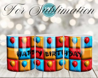 Happy Birthday Coffee Cup PNG, 11oz 12oz 15oz Mug and Coaster Templates, Digital Download Mug Sublimation Design, Mug Wrap Templates