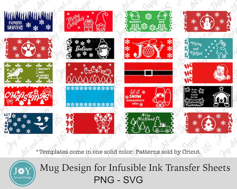 Pu&ograve; includere: Un set di 16 disegni per tazze di Natale con vari temi natalizi, tra cui "Buon Natale", "Credere", "Gioia", "Ho Ho Ho" e "Lascia nevicare". I disegni sono in una variet&agrave; di colori, tra cui rosso, verde, blu e bianco. I disegni sono perfetti per creare tazze personalizzate per il periodo natalizio.