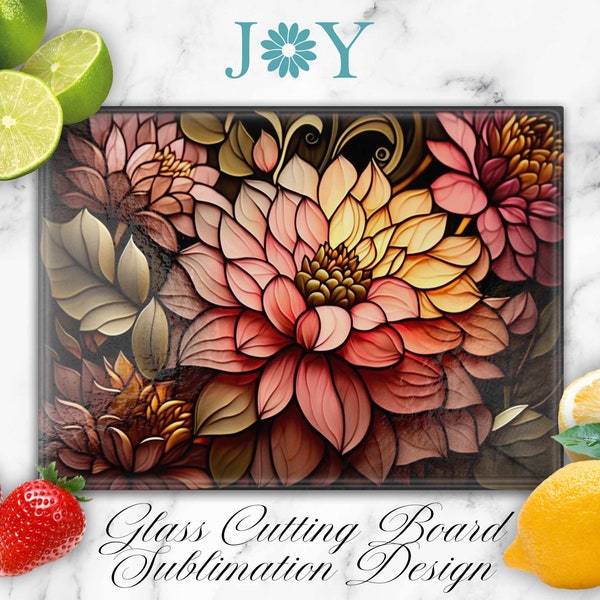 Faux Stained Glass Flowers Cutting Board Sublimation Design, Glass Cutting Board PNG, Faux Stained Glass Cutting Board Template