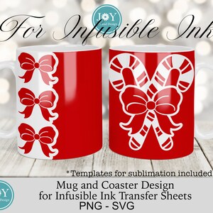 K&ouml;nnte beinhalten: Zwei rote Tassen mit wei&szlig;en Designs. Eine Tasse hat ein Design aus Zuckerstangen mit einer Schleife. Die andere Tasse hat ein Design aus drei Schleifen an der Seite. Der Text "For Infusible Ink" befindet sich oben im Bild. Der Text "Mug and Coaster Design for Infusible Ink Transfer Sheets PNG - SVG" befindet sich unten im Bild.