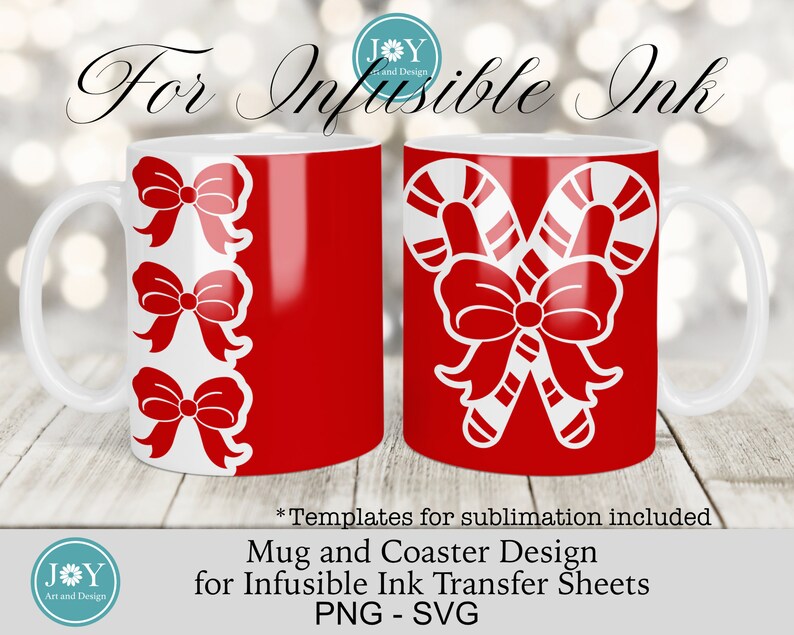 K&ouml;nnte beinhalten: Zwei rote Tassen mit wei&szlig;en Designs. Eine Tasse hat ein Design aus Zuckerstangen mit einer Schleife. Die andere Tasse hat ein Design aus drei Schleifen an der Seite. Der Text "For Infusible Ink" befindet sich oben im Bild. Der Text "Mug and Coaster Design for Infusible Ink Transfer Sheets PNG - SVG" befindet sich unten im Bild.