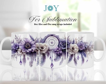Coffee Mug Wrap Sublimation Designs - 11oz, 12oz and 15oz Instant Digital Download Mug Templates - Purple Dreamcatcher Mug Design