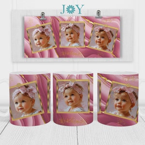 May include: Three white ceramic mugs with pink and gold designs. Each mug features a different photo of a baby girl in a pink headband. The mugs are arranged in a row.