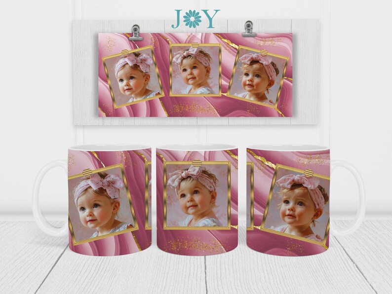 May include: Three white ceramic mugs with pink and gold designs. Each mug features a different photo of a baby girl in a pink headband. The mugs are arranged in a row.