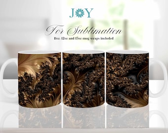 May include: Three white ceramic mugs with a brown and gold abstract design. The mugs are 11oz, 12oz, and 15oz. The text "For Sublimation" is at the top of the image.