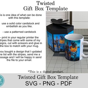 May include: A digital download template for a twisted gift box. The template can be used to create a box for a mug. The image shows a black gift box with a witch and a house design, and a white mug with the same design. The text on the image reads "Twisted Gift Box Template SVG - PNG - PDF".