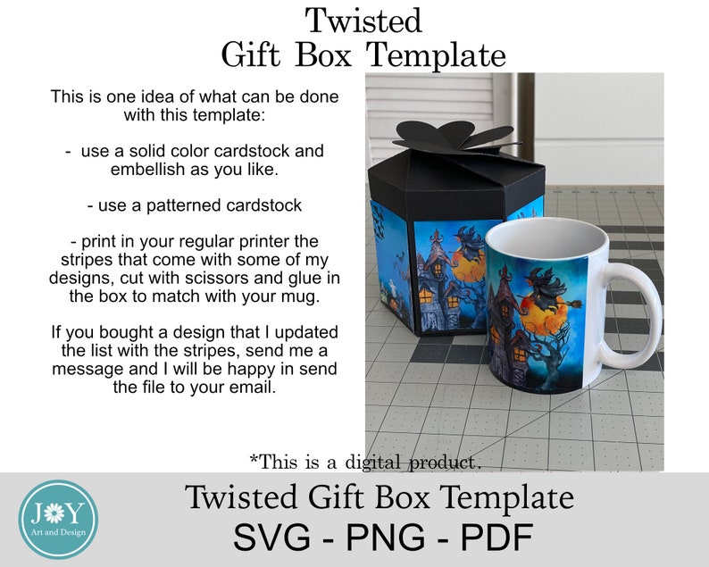 May include: A digital download template for a twisted gift box. The template can be used to create a box for a mug. The image shows a black gift box with a witch and a house design, and a white mug with the same design. The text on the image reads "Twisted Gift Box Template SVG - PNG - PDF".