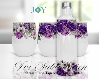 Purple Roses, Sublimation Designs for 12oz Wine Tumblers. Digital Sublimation Template. Tumbler Design. Straight and Tapered Template