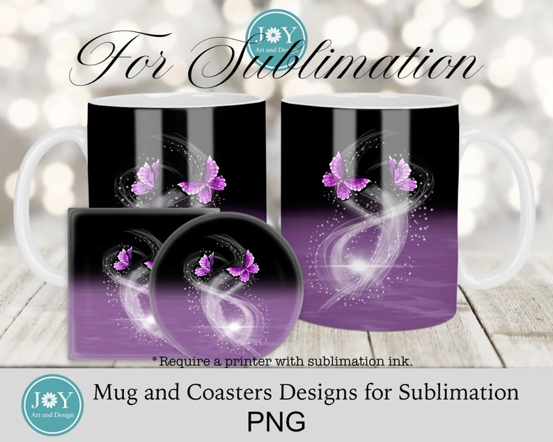 May include: A sublimation design featuring a purple and black mug and two coasters with a swirling design and purple butterflies. The text "For Sublimation" is at the top of the image. The text "Mug and Coasters Designs for Sublimation PNG" is at the bottom of the image.