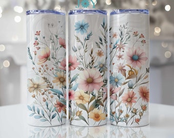 Wild Boho Flowers Tumbler Wrap Sublimation Design, Digital Sublimation Tumbler Template, 20oz Skinny Tumbler Templates