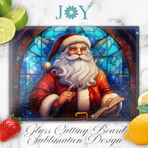 Christmas Santa Claus Stained Glass Cutting Board Sublimation Design, Glass Cutting Board PNG, Digital Instant Download Glass Cutting Board