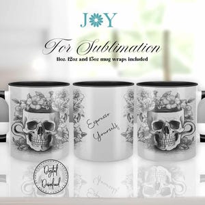Skull and Flowers Coffee Mug PNG, 11oz 12oz 15oz Mug and Coaster Templates, Digital Instant Download Mug Sublimation Design, Cricut Mug Wrap