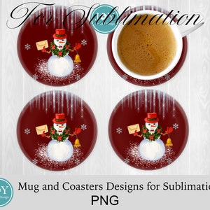 Peut inclure: Quatre sous-verres de No&euml;l rouges et blancs avec un bonhomme de neige tenant une lettre et une cloche. Les sous-verres sont con&ccedil;us pour l'impression par sublimation.