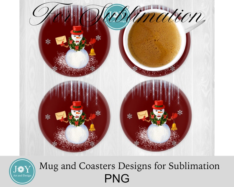 Peut inclure: Quatre sous-verres de No&euml;l rouges et blancs avec un bonhomme de neige tenant une lettre et une cloche. Les sous-verres sont con&ccedil;us pour l'impression par sublimation.