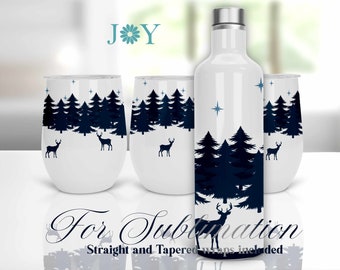 Winter Landscape Wine Set Tumblers Wrap, Instant Download Wine Gift Set PNG, Wine Set Sublimation Tumbler Wrap Bottle and Wine Cup