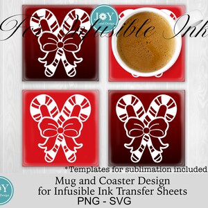 K&ouml;nnte beinhalten: Vier quadratische Untersetzer in Rot und Wei&szlig; mit einem wei&szlig;en Zuckerstangen-Design mit Schleife. Die Untersetzer sind f&uuml;r die Sublimation und f&uuml;r die Verwendung mit Infusible Ink Transferfolien konzipiert. Der Text "Vorlagen f&uuml;r die Sublimation enthalten" und "Becher- und Untersetzer-Design f&uuml;r Infusible Ink Transferfolien PNG - SVG" ist im Bild enthalten.
