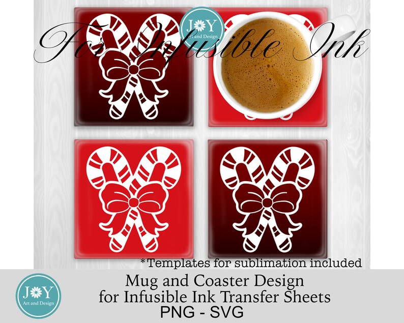 K&ouml;nnte beinhalten: Vier quadratische Untersetzer in Rot und Wei&szlig; mit einem wei&szlig;en Zuckerstangen-Design mit Schleife. Die Untersetzer sind f&uuml;r die Sublimation und f&uuml;r die Verwendung mit Infusible Ink Transferfolien konzipiert. Der Text "Vorlagen f&uuml;r die Sublimation enthalten" und "Becher- und Untersetzer-Design f&uuml;r Infusible Ink Transferfolien PNG - SVG" ist im Bild enthalten.